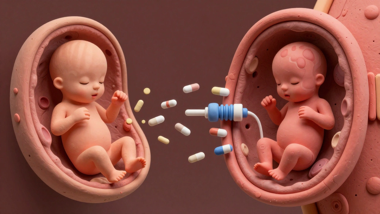 Side-by-side clay placenta models showing early pregnancy permeability versus late pregnancy barriers protecting the fetus.