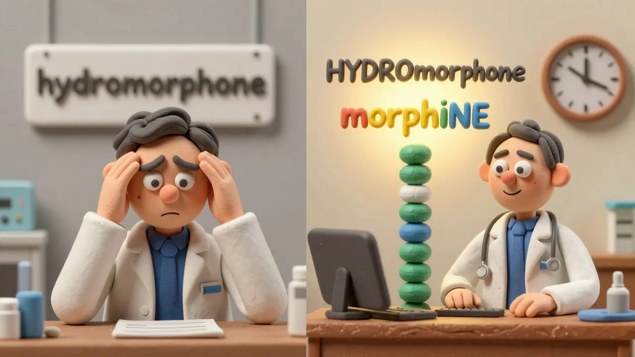 Side-by-side comparison of confusing drug names versus clearly distinguished tall-man lettering in clay style.