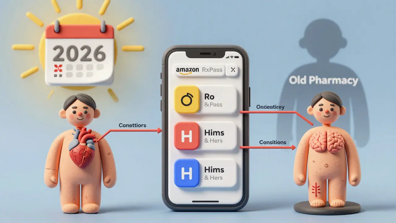 Smartphone apps connected to body conditions, with old pharmacy fading in background.