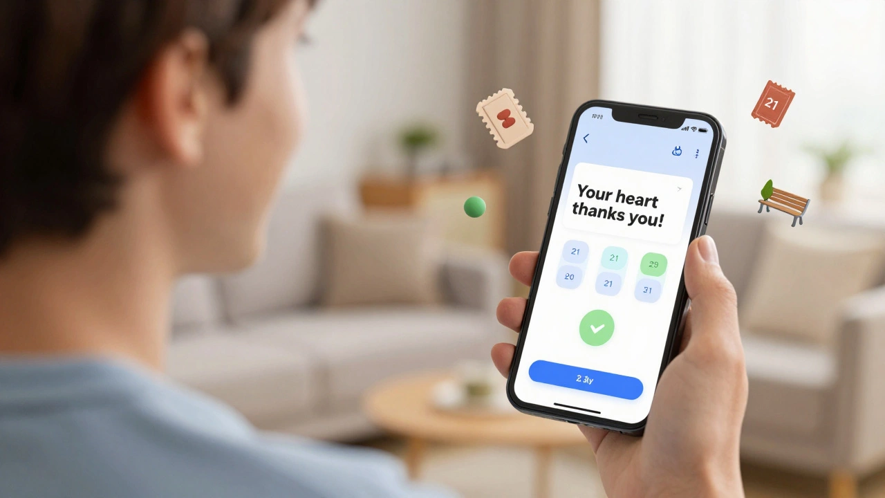 Smartphone showing medication streak counter with reward icons nearby.