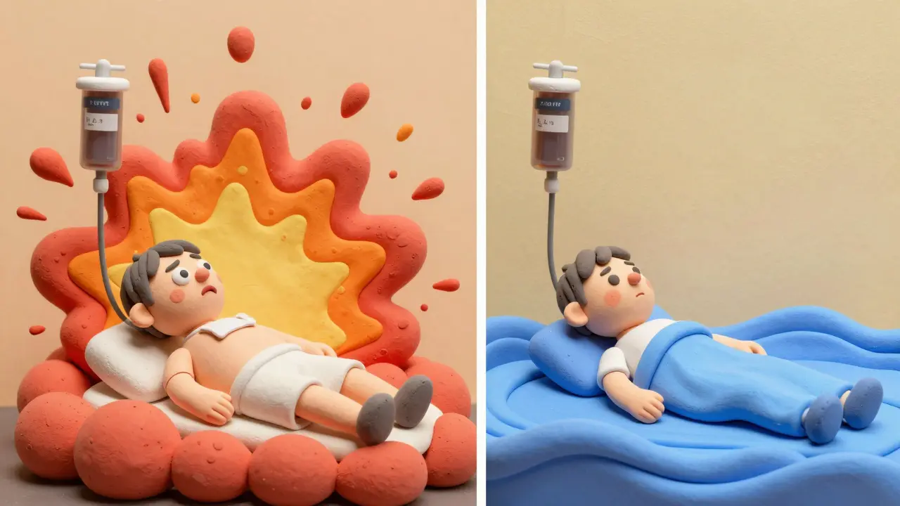 Split scene: fast vs. slow vancomycin infusion with visual effects of histamine