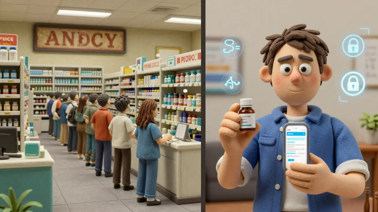 Split scene: frustrated pharmacy wait vs. calm app-based medication delivery.