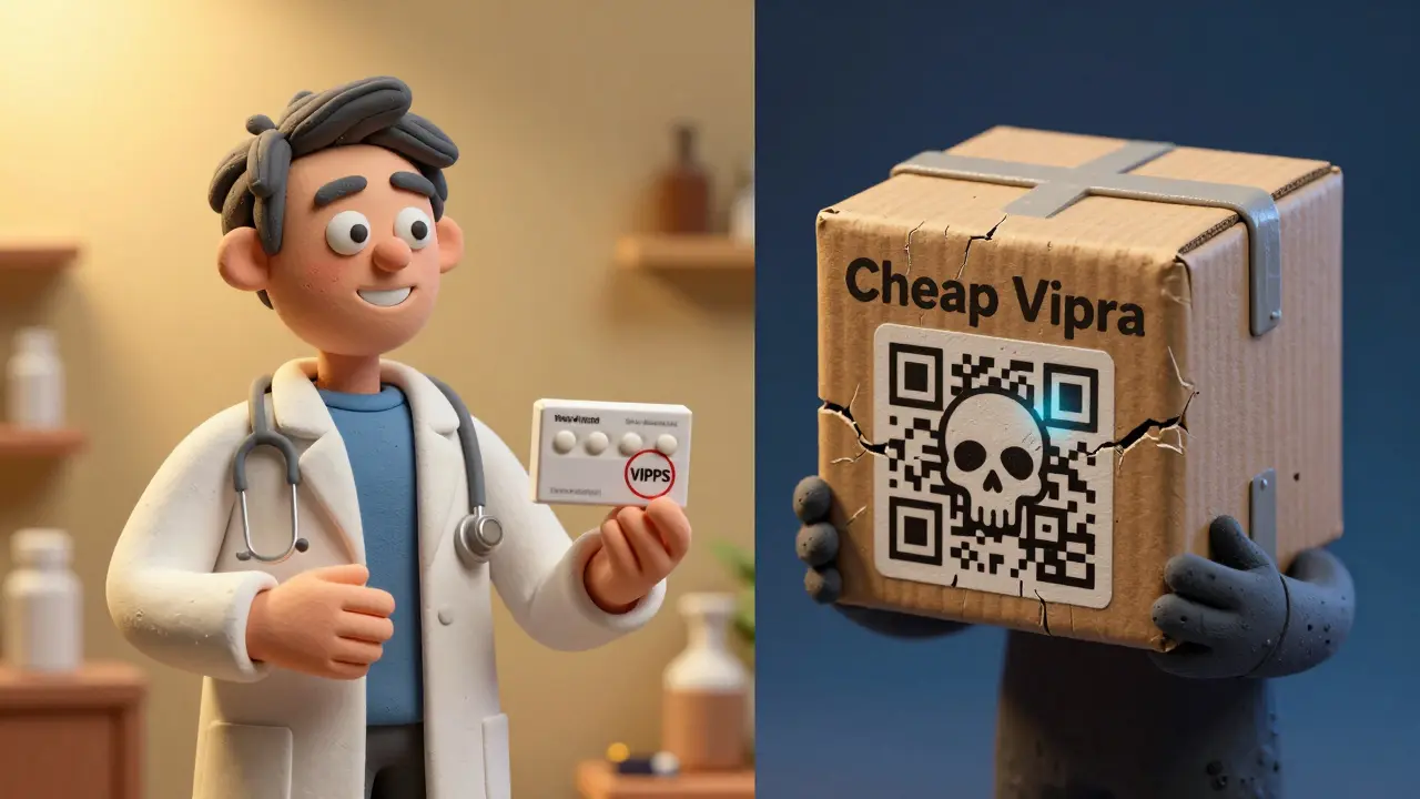 Split scene: trustworthy pharmacist with authentic meds vs. glitching online drug package with skull QR code.