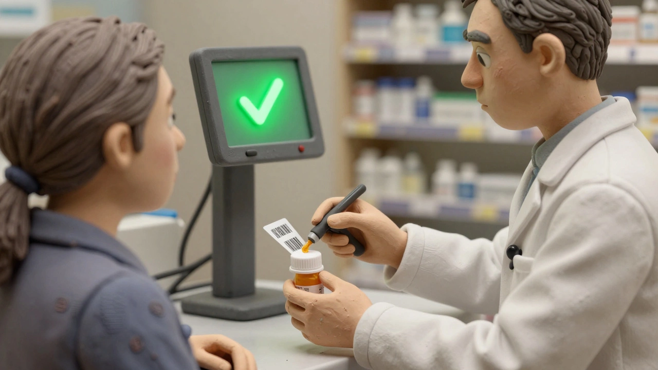 Technician scanning patient barcode and prescription bottle with green checkmark on screen.