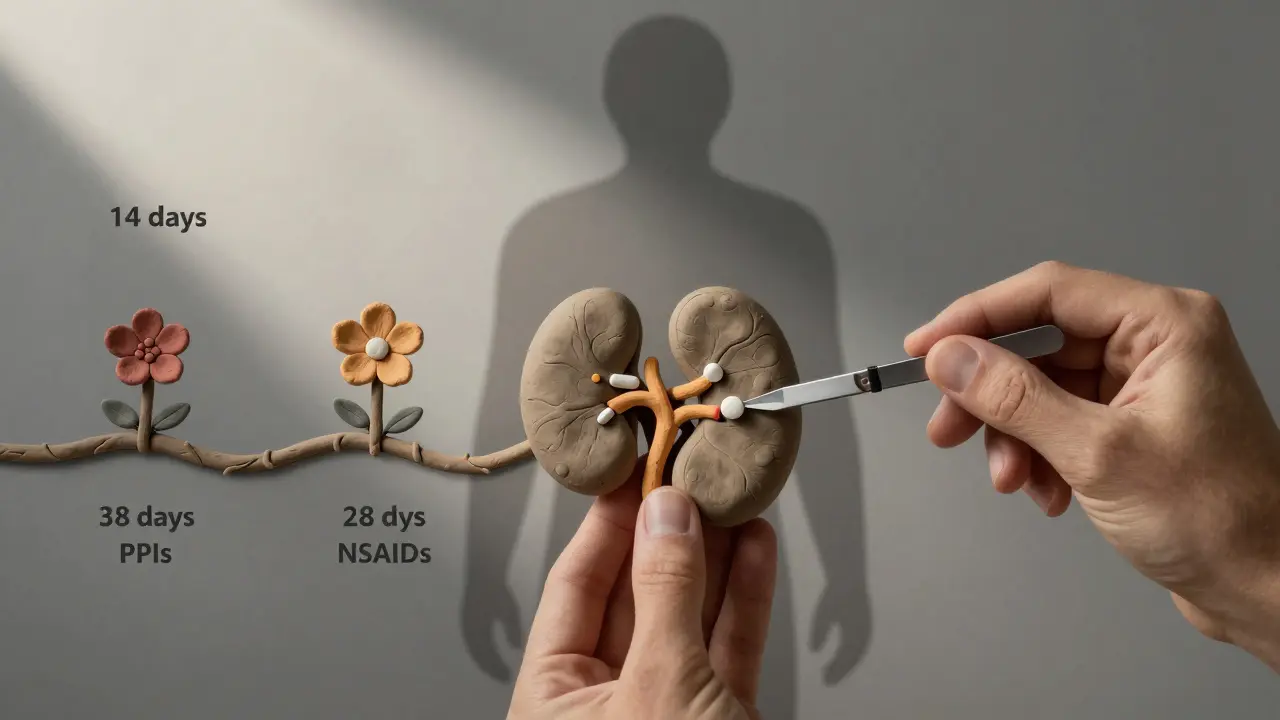 Two hands repairing a clay kidney with a steroid tablet, while timelines of recovery grow around it.