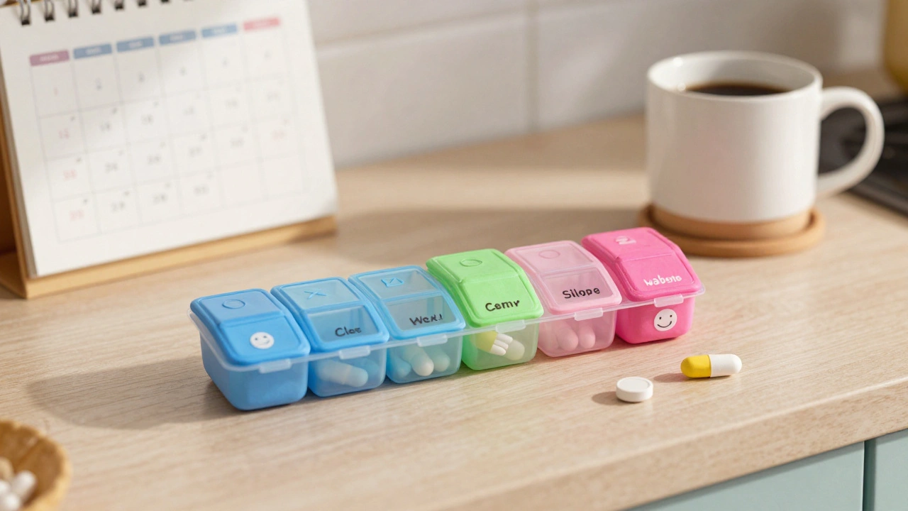 Weekly pill organizer on kitchen counter with coffee and marked calendar.