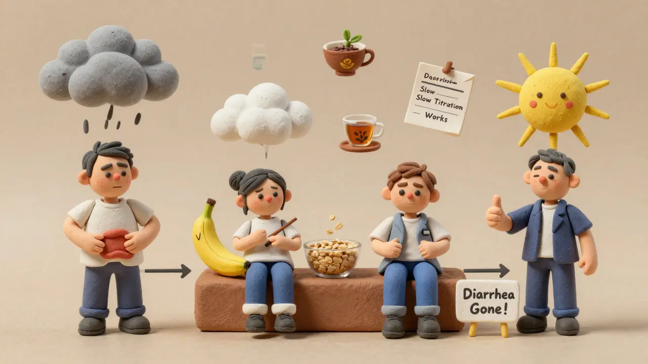 14-day timeline showing person overcoming diarrhea with food, probiotics, and hydration