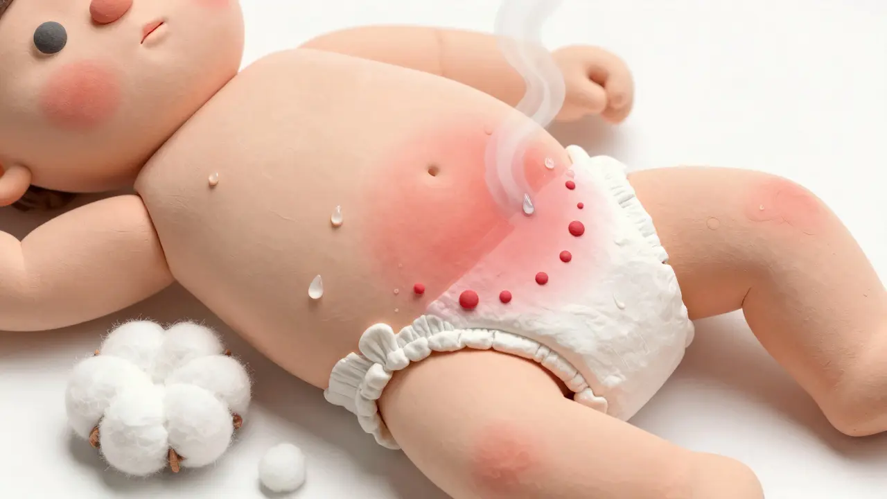 A baby’s diaper area with a bright red yeast rash and tiny red bumps, moist skin visible.