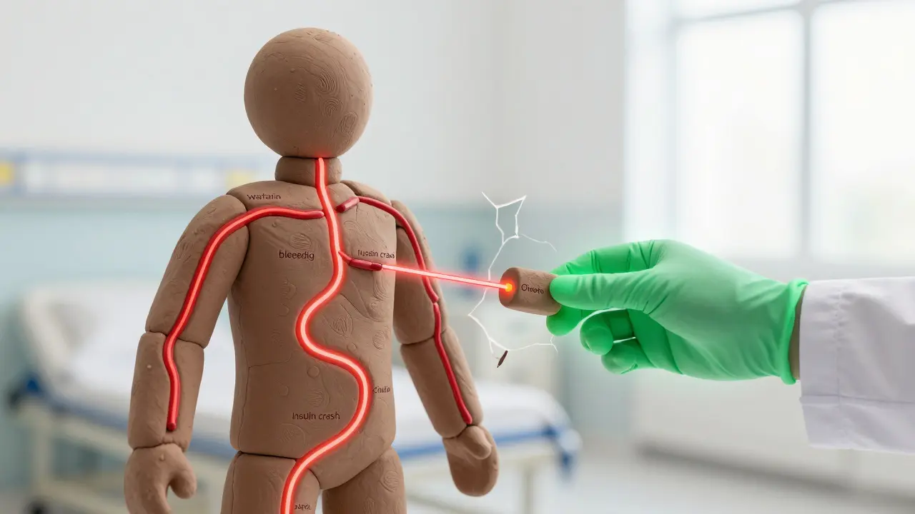 A clay human body with dangerous drug interactions being fixed by a healing hand.