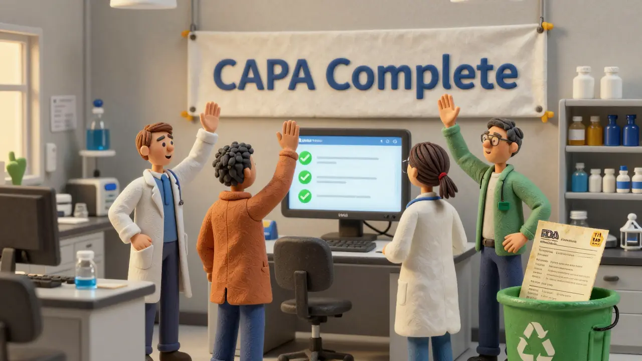 A clay-style illustration of a team celebrating as a new quality system lights up green, with an old FDA warning letter being recycled.