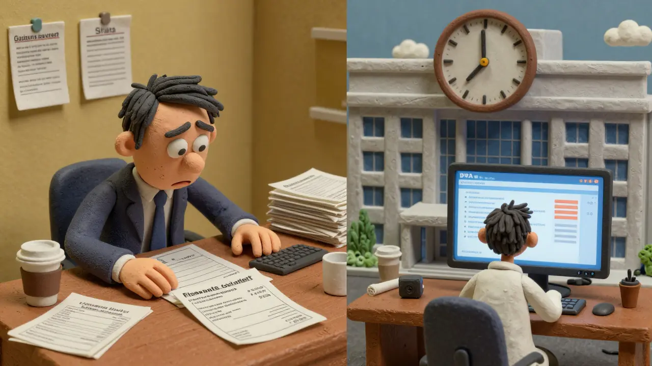 A clay-style split scene showing a small manufacturer overwhelmed by documents and a giant FDA clock counting down 15 days.
