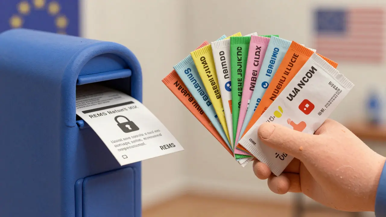 A drug package splitting into 24 multilingual leaflets as it crosses from U.S. to EU borders.