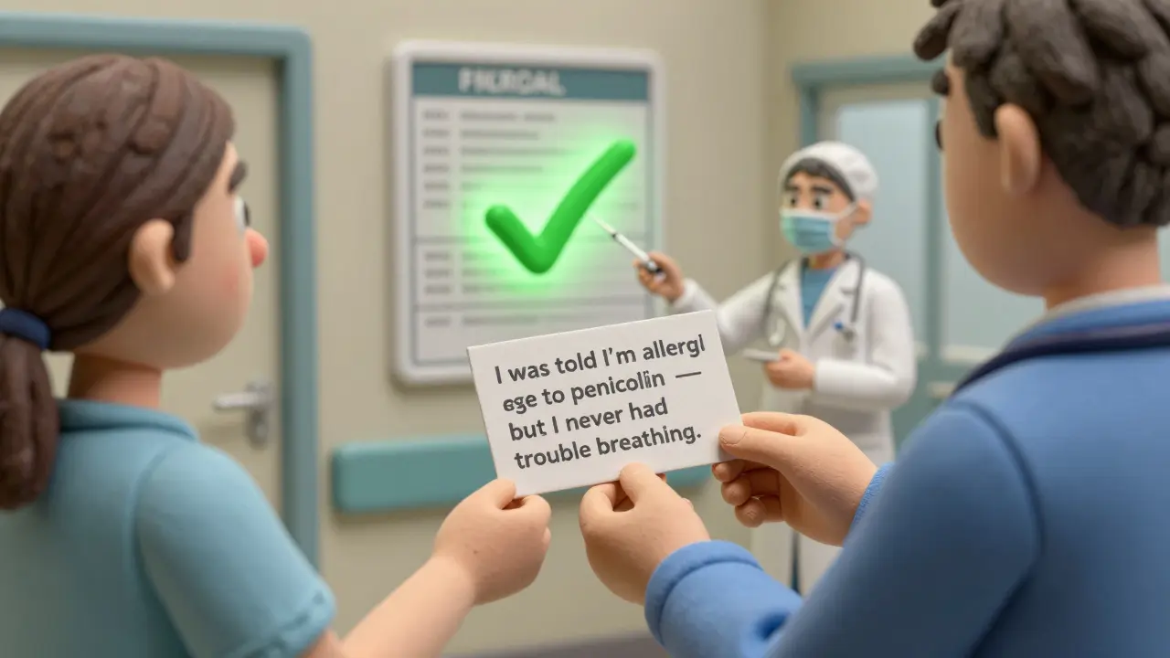 A patient gives a doctor a card clarifying their penicillin history as a pharmacist administers a safe test dose.