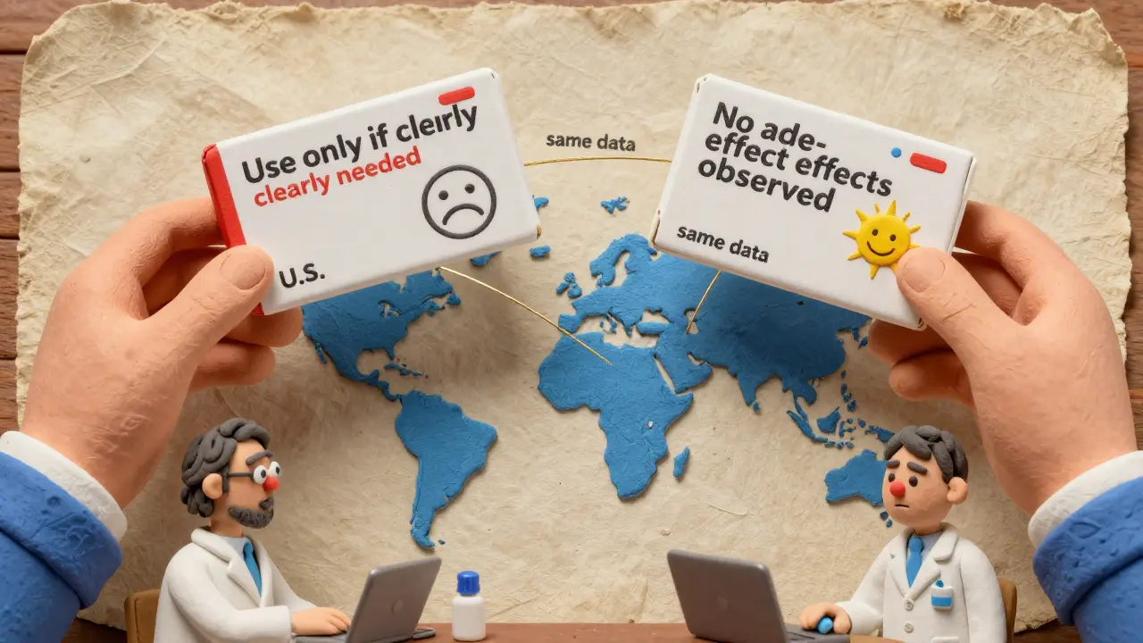 A patient holding two versions of a drug box with conflicting pregnancy warnings.