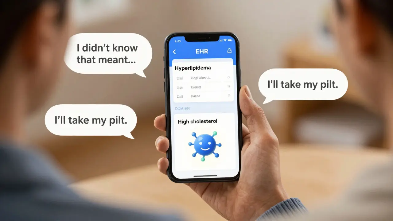 A patient sees clinical terms translated into plain language on a smartphone screen with friendly icons.