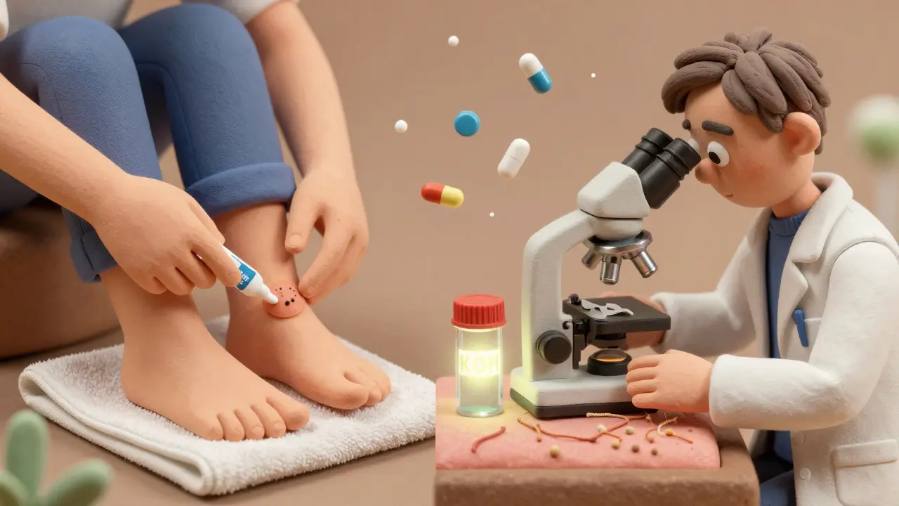 A person treating a fungal infection while a doctor examines skin under a microscope.