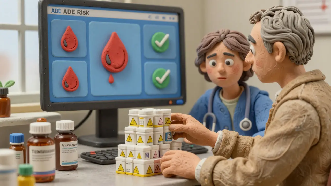 A pharmacist reviewing medications with an elderly patient in a clay-rendered scene.
