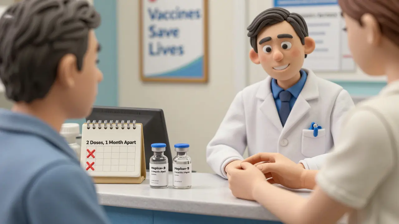 Adult getting two-dose hepatitis B vaccine at a pharmacy with calendar marking doses.
