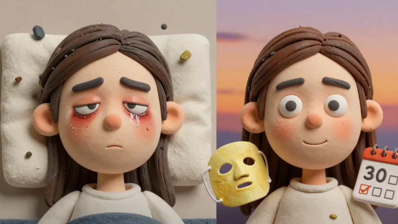 Before-and-after split: crusty, irritated eyes vs. clean, calm lids with a warming mask and 30-day calendar.