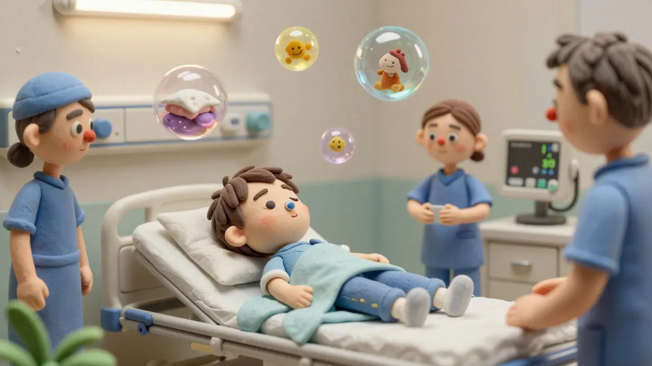 Child floating gently above hospital bed surrounded by calming bubbles, staff monitoring quietly in soft pastel tones.