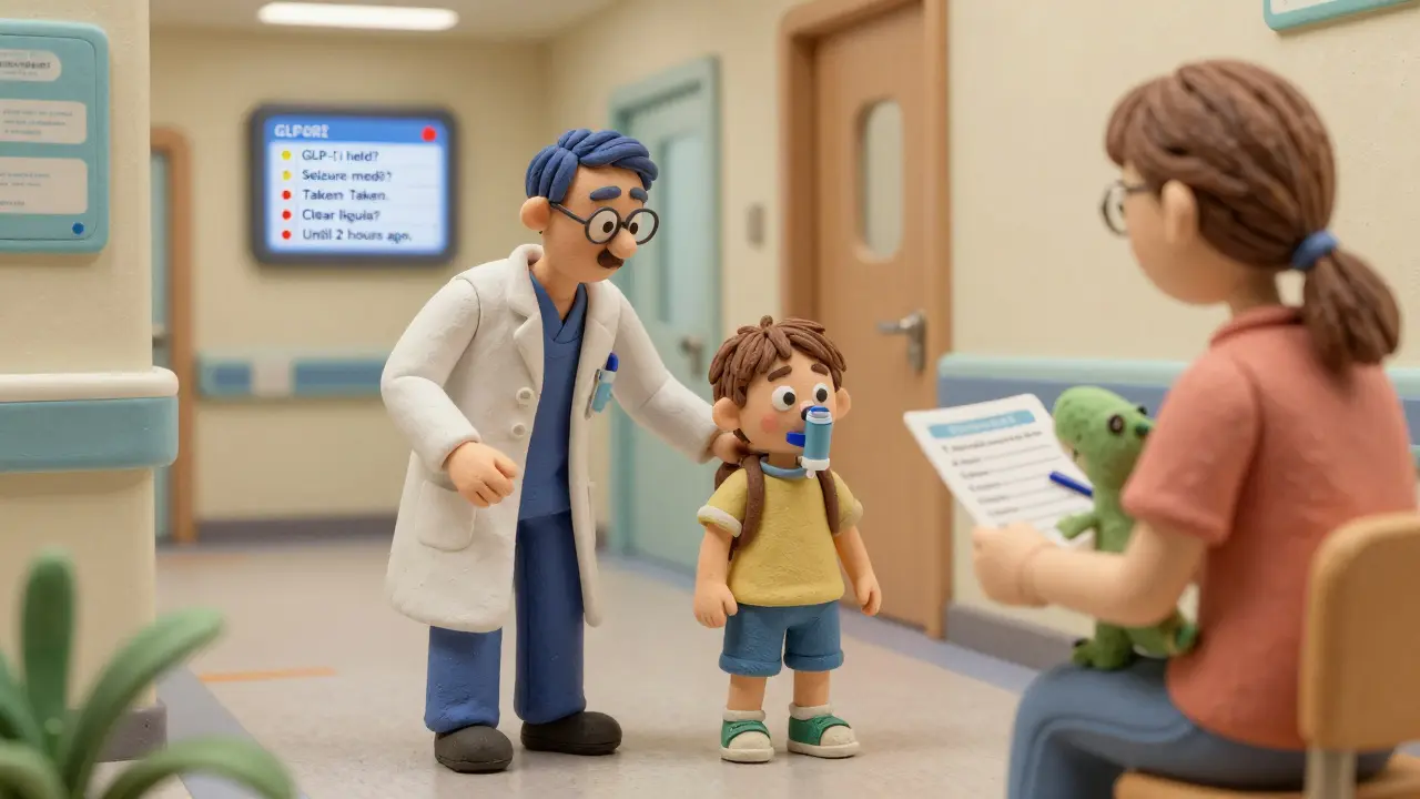 Child with inhaler walks with anesthesiologist while parent holds medication list and stuffed dinosaur in hospital corridor.