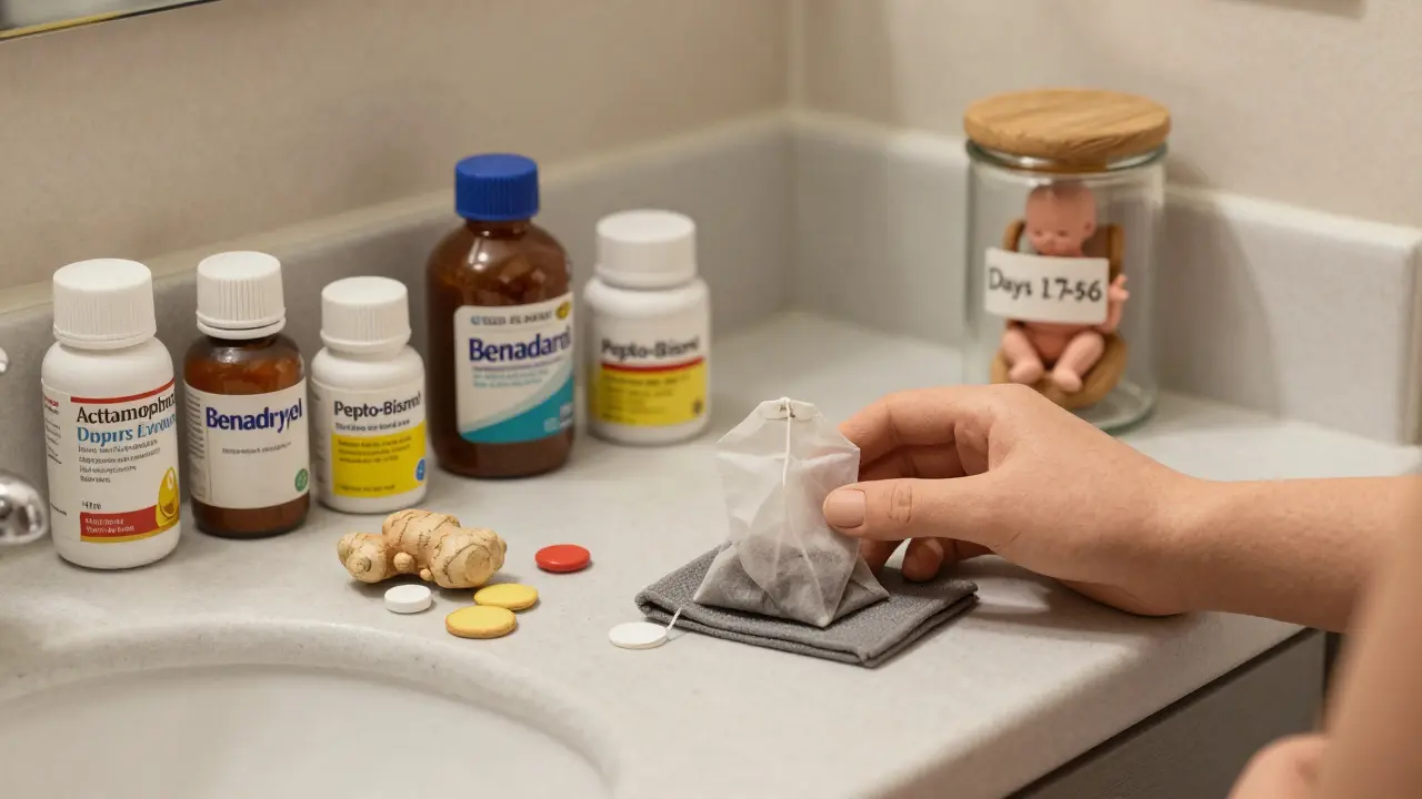 Clay-style bathroom counter with pregnancy medications and natural alternatives like ginger tea and acupressure bands.