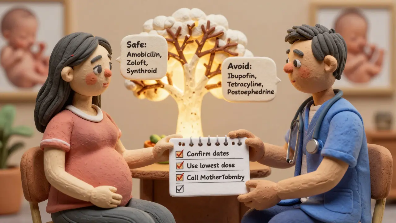 Clay-style pregnant woman and doctor reviewing a safety checklist with labeled safe and avoid medications.