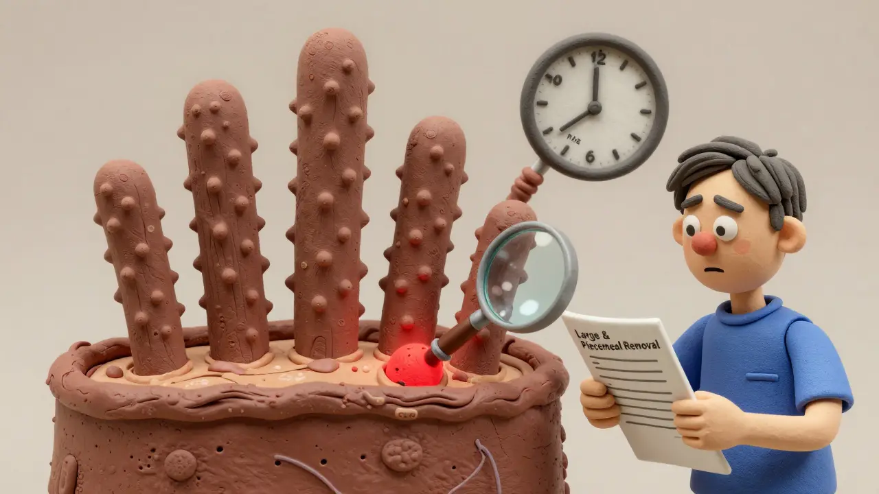 Colon with multiple serrated polyps being removed, clock shows 6-month follow-up needed