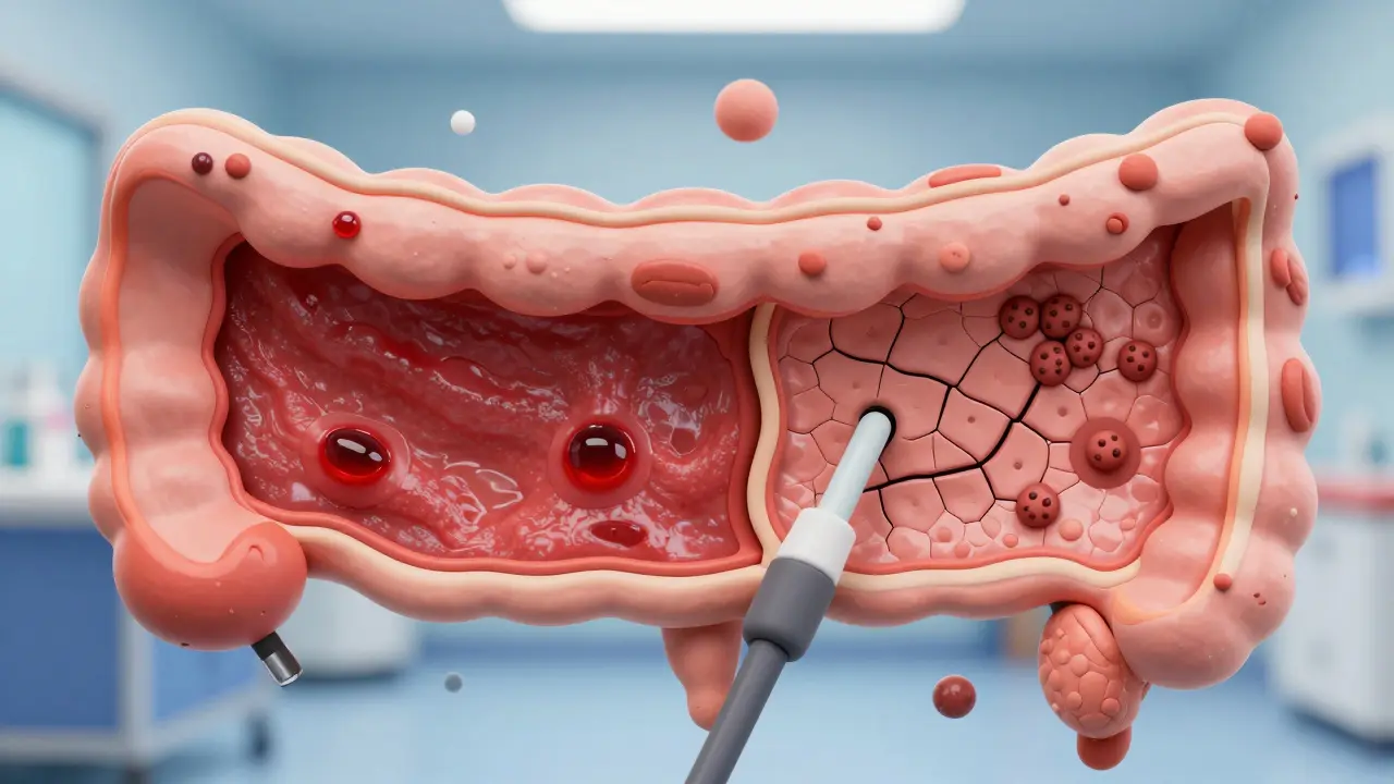 Colonoscopy view showing ulcerative colitis’s uniform red lining versus Crohn’s cobblestone mucosa with granulomas, rendered in clay texture.