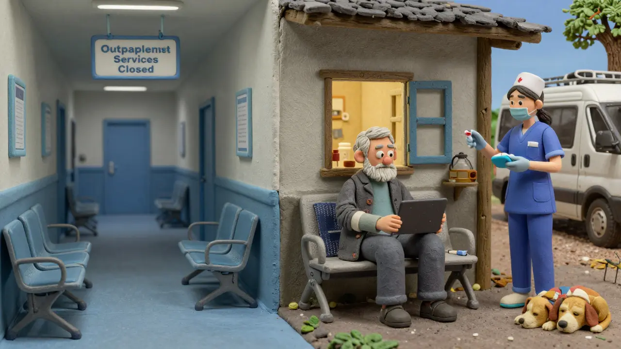 Elderly man on video call with community nurse outside his home, hospital corridor empty behind.