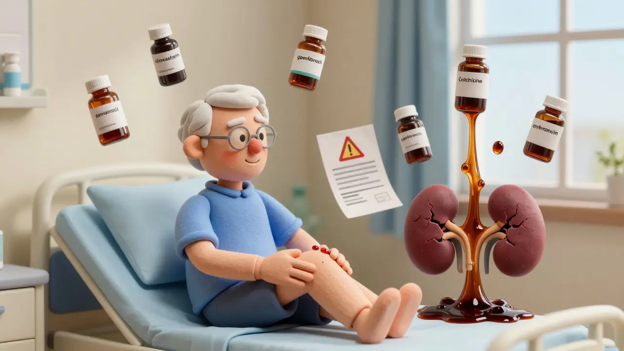 Elderly patient in pain as medication bottles leak dark fluid into a damaged kidney, medical icons floating around.