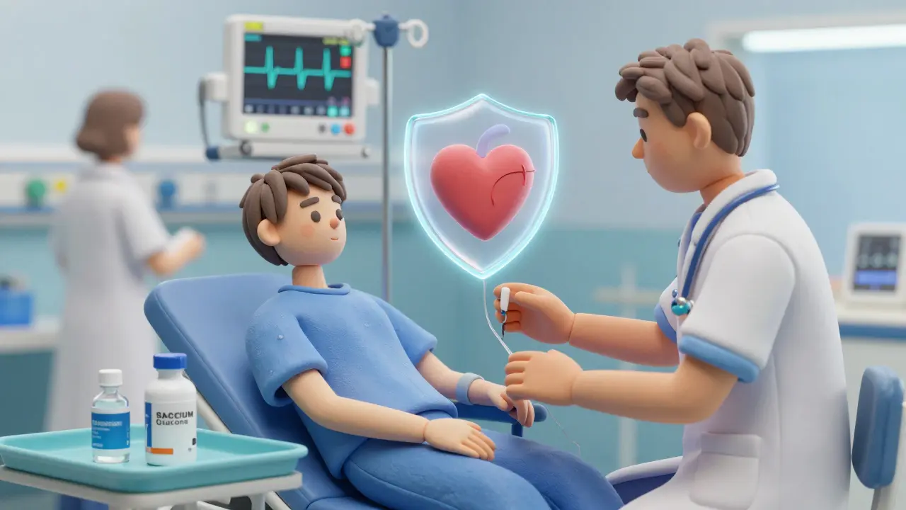 Emergency room scene with IV calcium being given to patient, ECG showing abnormal waves.