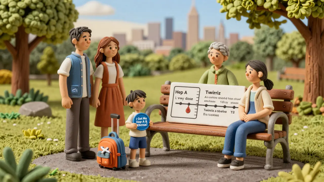 Family in park with child showing vaccination badge and timeline of hepatitis shots.