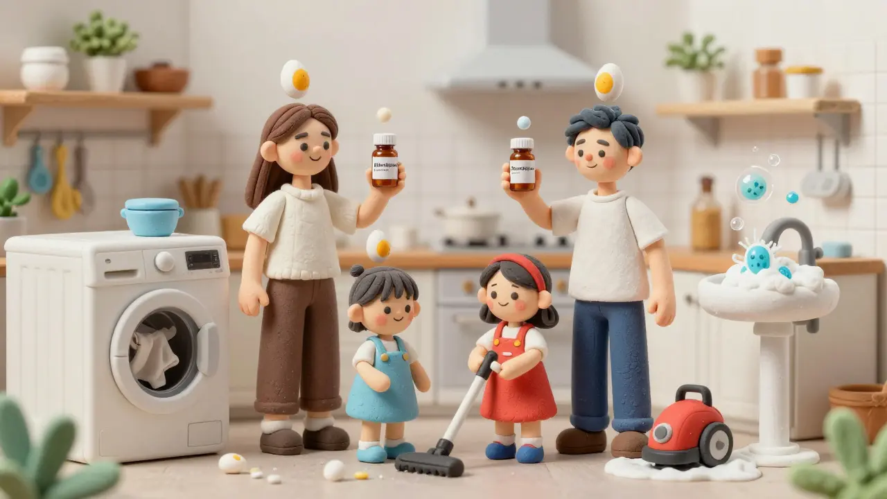 Family taking medicine together, washing clothes and hands to prevent parasite spread.