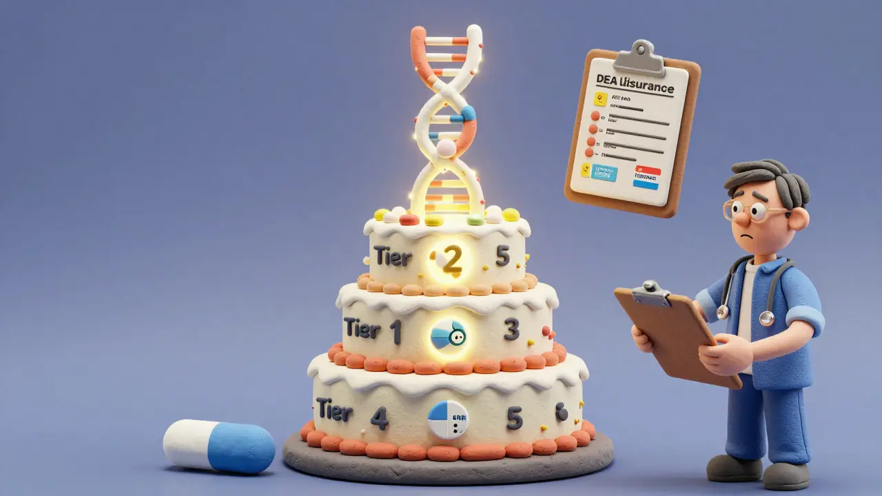 Five-tiered insurance cake with generic and specialty drugs, showing cost differences and conflicting labels.