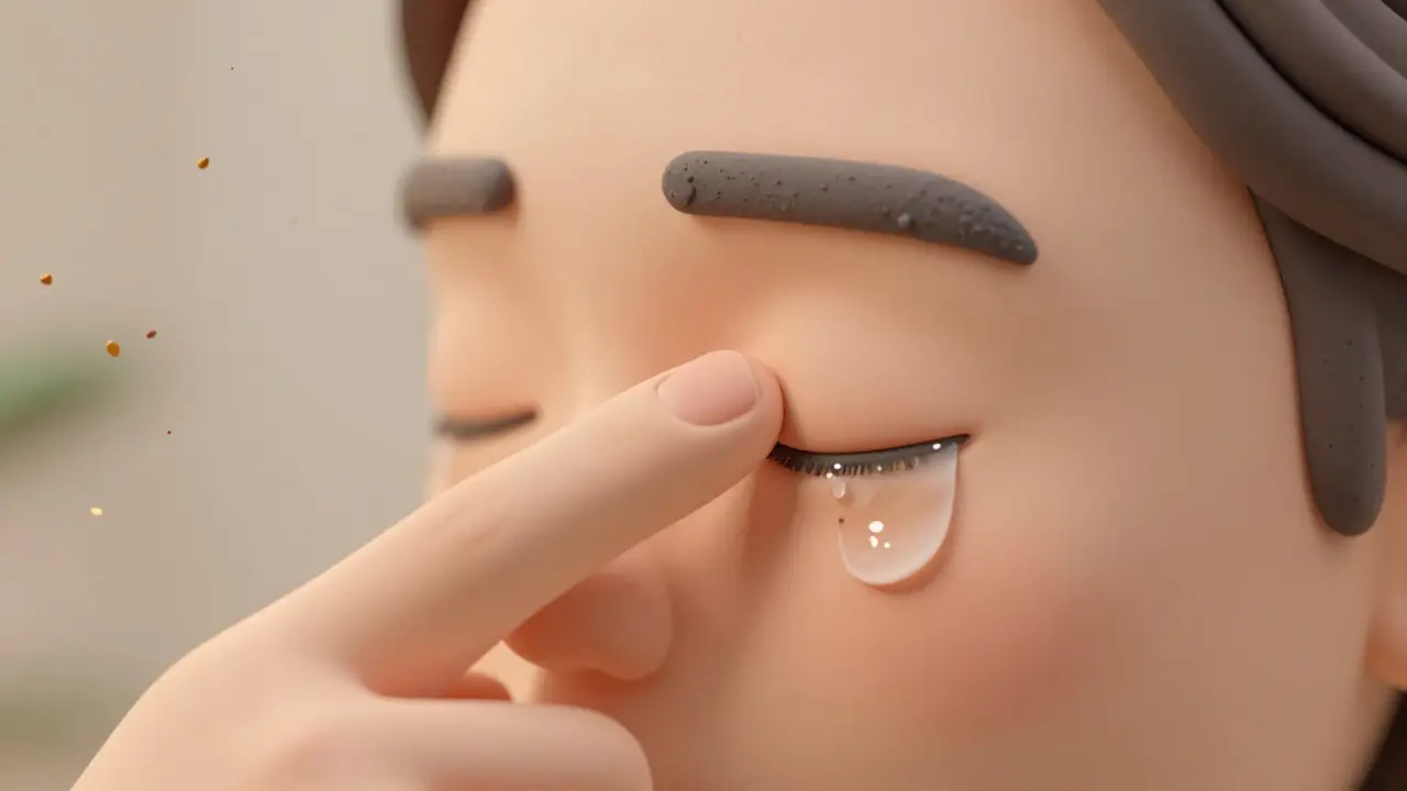 Hand gently massaging eyelid margins with oil pearls emerging from glands, illustrated in soft clay style.