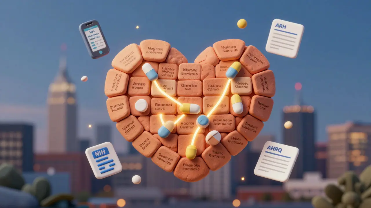 Heart-shaped medication chart made of clay pieces connecting brand and generic drugs, with app and resource icons floating nearby.