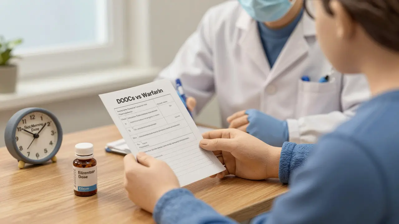 Patient and dentist discussing blood thinner medications during a consultation, with pill bottle and chart visible.