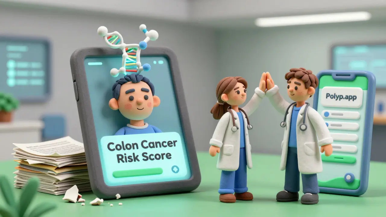 Patient and doctor review digital risk score app, old guidelines crumbling in background