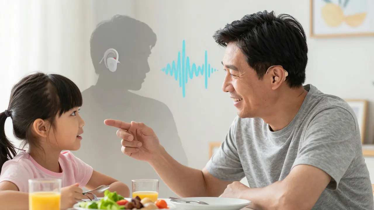 Patient happily understanding family at dinner, with accurate sound waves from their calibrated hearing aid.
