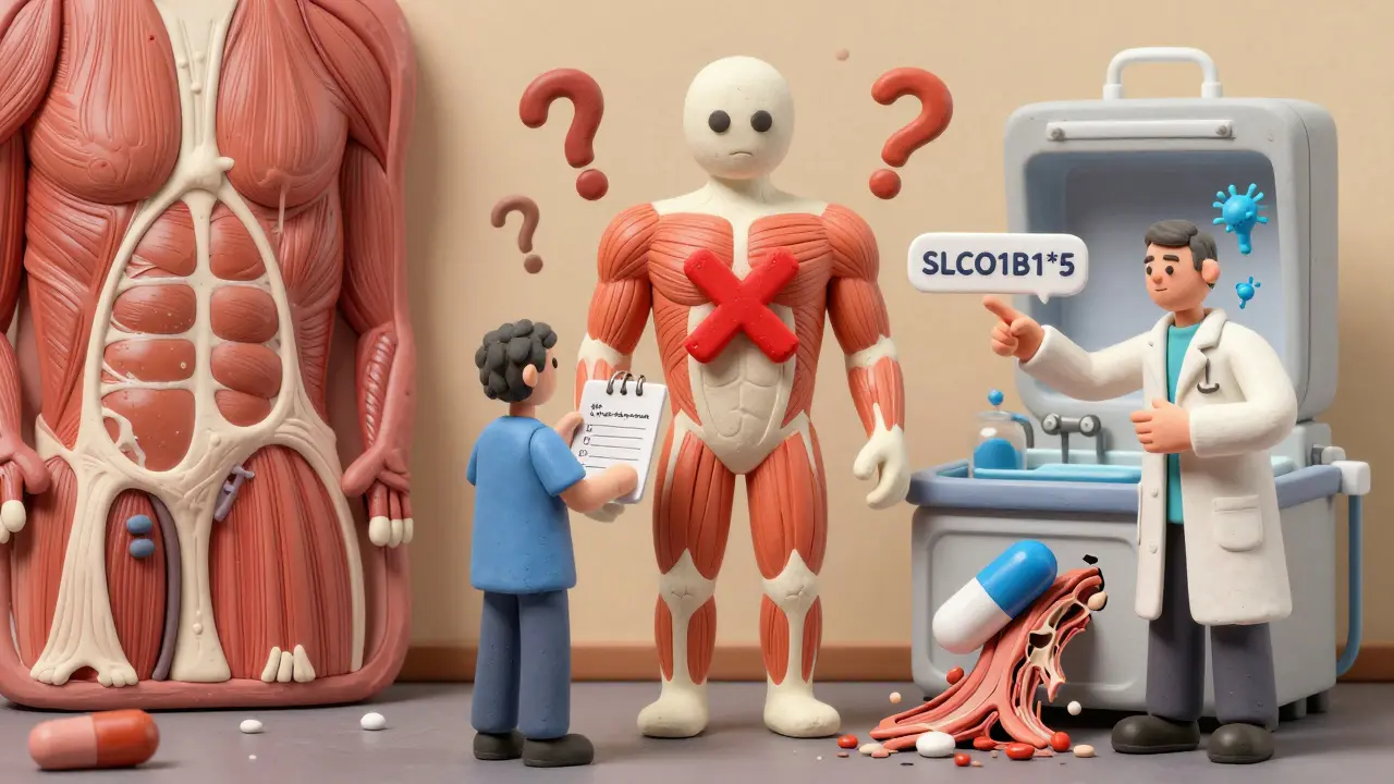 Patient holding medication list before a warning sign, with healthy vs. ruptured muscle split scene in background.