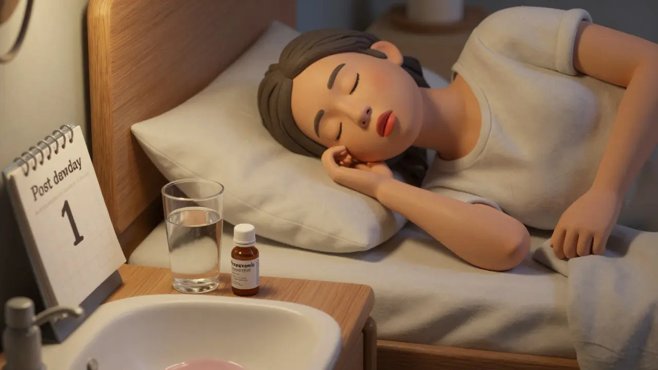 Patient resting at home after dental work, with medication and elevated head for recovery.