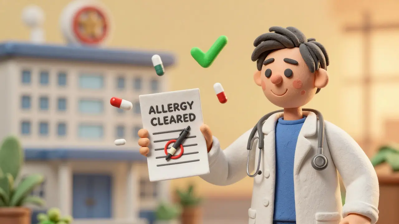 Patient smiling as doctor shows a negative drug allergy test result with a cleared penicillin label.