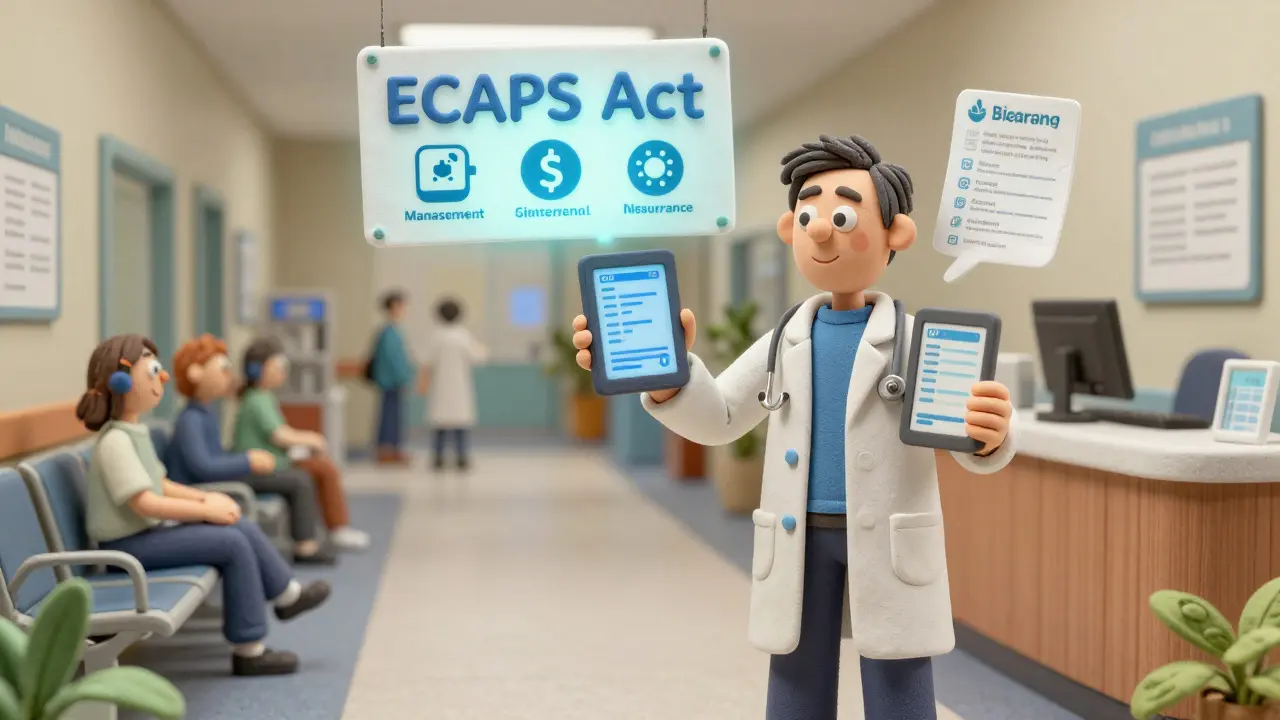 Pharmacist and doctor collaborating with patient data tablets, ECAPS Act banner above.