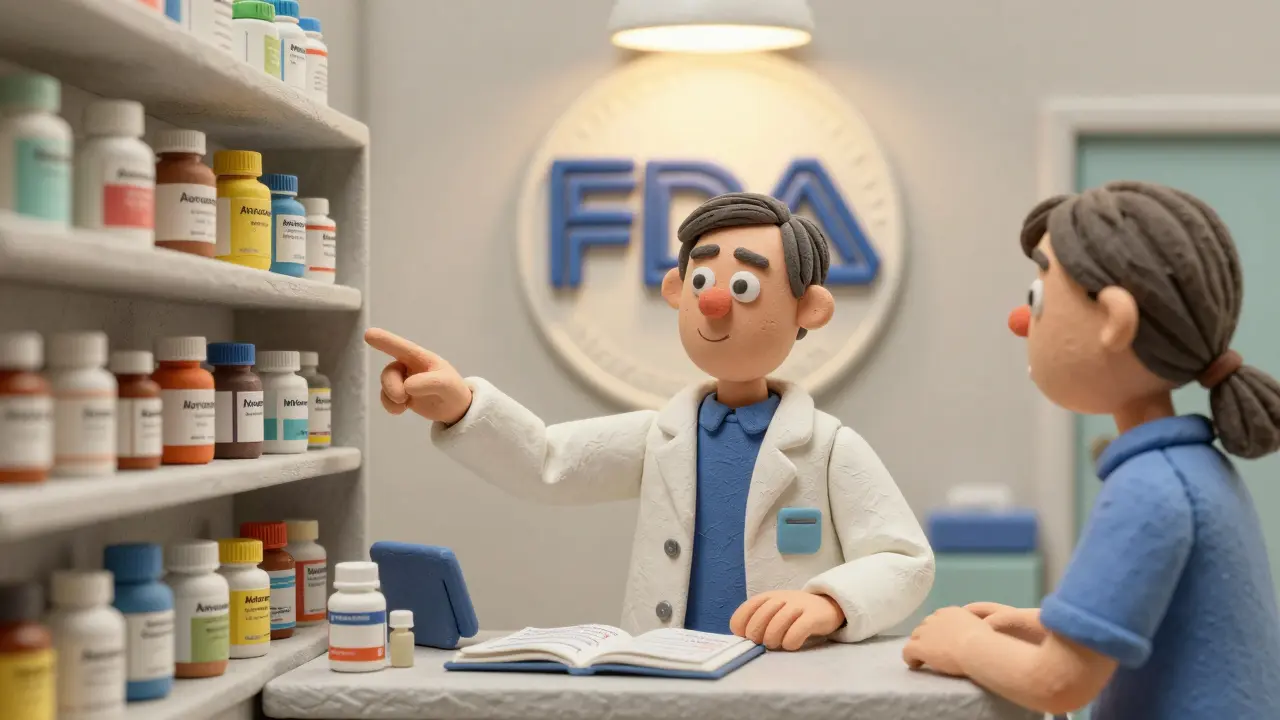 Pharmacist explaining generic drugs to a patient, showing FDA-approved bottles and a Medication Guide.