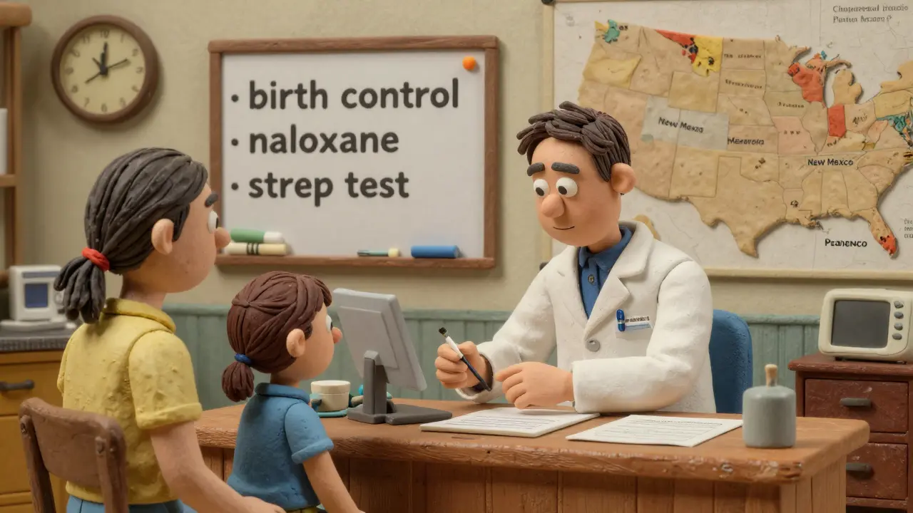Pharmacist giving a flu shot to a child in a rural clinic with services listed on a whiteboard.