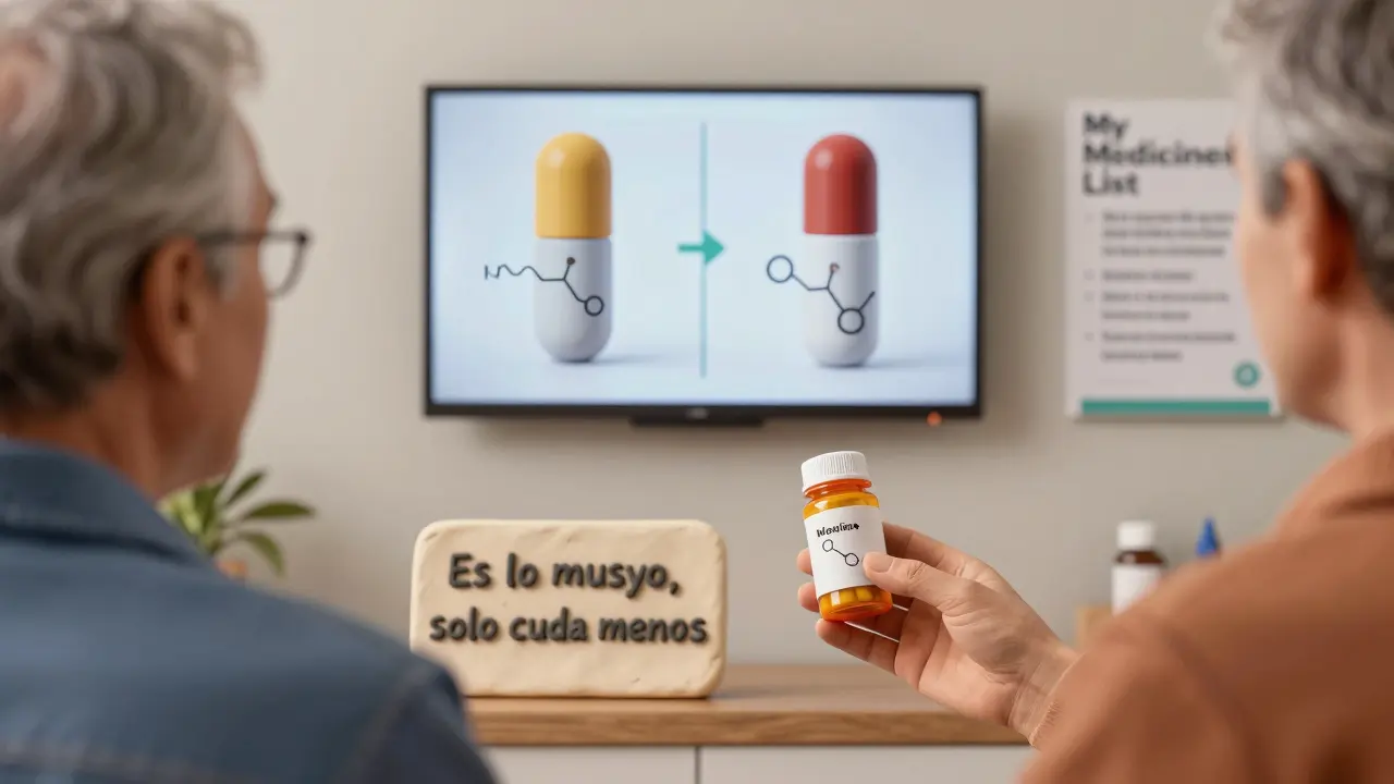 Pharmacist giving a pill bottle to a patient while a screen shows side-by-side images of brand and generic pills.