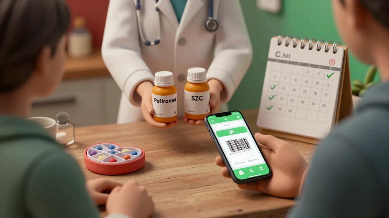 Pharmacist handing potassium binders to patient, smartphone app scanning food for potassium content.