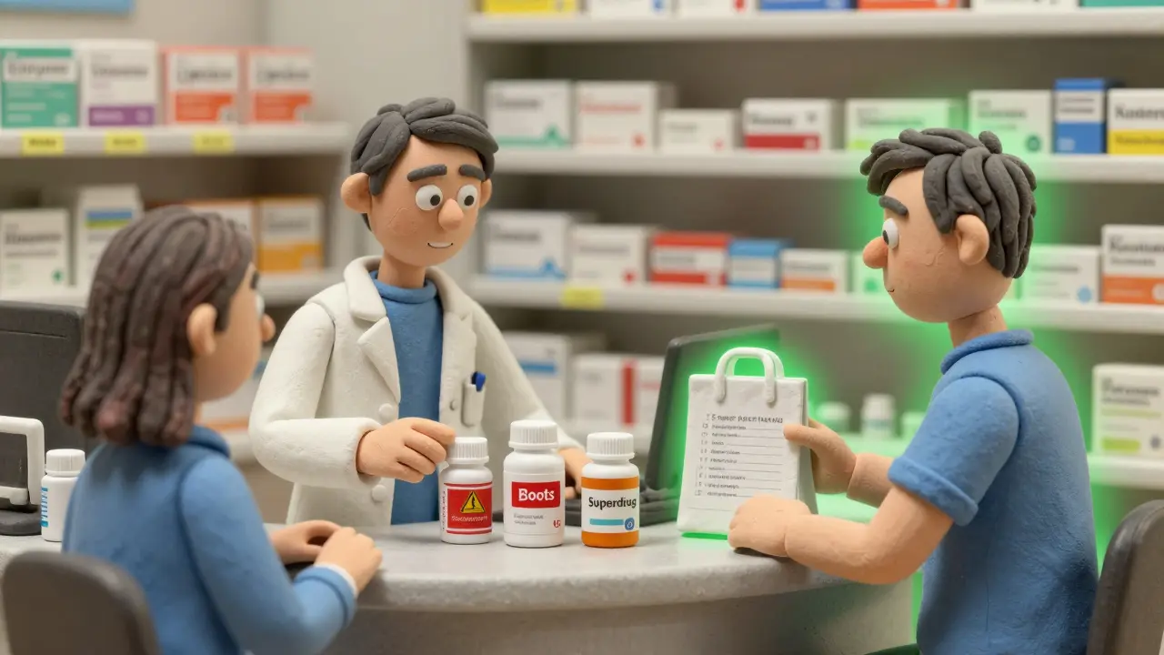 Pharmacist scanning pill bottles from two different pharmacies with warning signs between them.