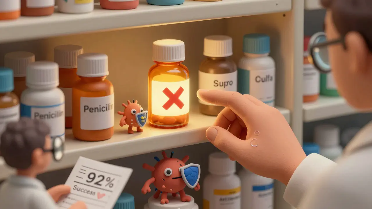 Pharmacy shelf with penicillin blocked by immune system, pharmacist checking medical chart